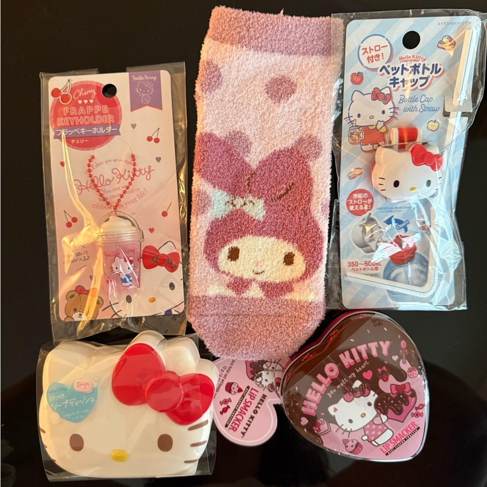 Hello Kitty Frappe keychain,Soap dish, soda top, fuzzy socks, Lip smackers